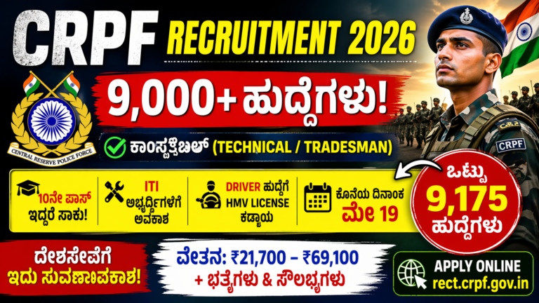 CRPF Recruitment 2026: “ಜೀವನ ಬದಲಾಯಿಸುವ ಅವಕಾಶ!” 9,000+ ಹುದ್ದೆಗಳು – 10ನೇ ಪಾಸ್ ಇದ್ದರೆ ಸಾಕು, ಈ ದಿನಾಂಕ ಮಿಸ್ ಮಾಡಿದ್ರೆ ಕನಸು ಕೈ ತಪ್ಪುತ್ತದೆ!