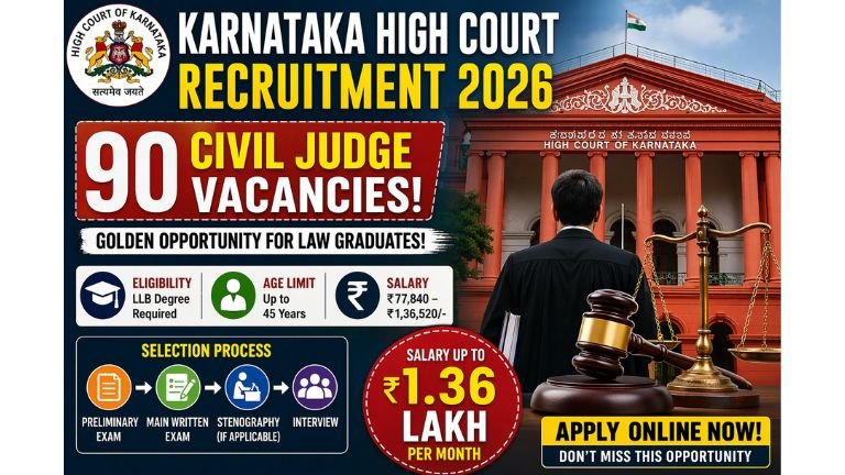 🚨 ಕರ್ನಾಟಕ ಹೈಕೋರ್ಟ್ ನೇಮಕಾತಿ 2026: 90 ಸಿವಿಲ್ ನ್ಯಾಯಾಧೀಶರ ಹುದ್ದೆಗಳು! “ಒಂದು ಅರ್ಜಿ ನಿಮ್ಮ ಜೀವನವನ್ನೇ ಬದಲಿಸಬಹುದು!”
