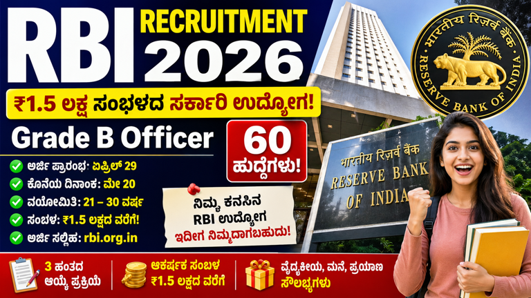 RBI Recruitment 2026: “ಒಂದು ಅರ್ಜಿ… ಜೀವನವೇ ಬದಲಾಗಬಹುದು!” ₹1.5 ಲಕ್ಷ ಸಂಬಳದ RBI Grade B ಹುದ್ದೆಗಳು – ನಿಮ್ಮ ಕನಸಿಗೆ ಇದು ಗೋಲ್ಡನ್ ಚಾನ್ಸ್!
